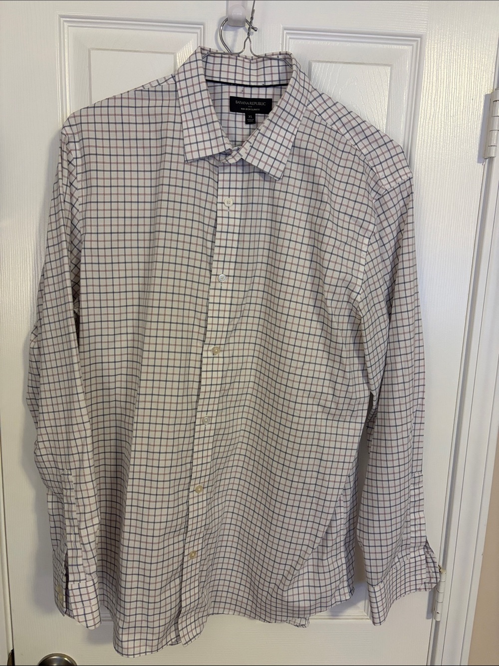 Banana Republic White Dress Shirt with Navy and Burgundy Windowpane